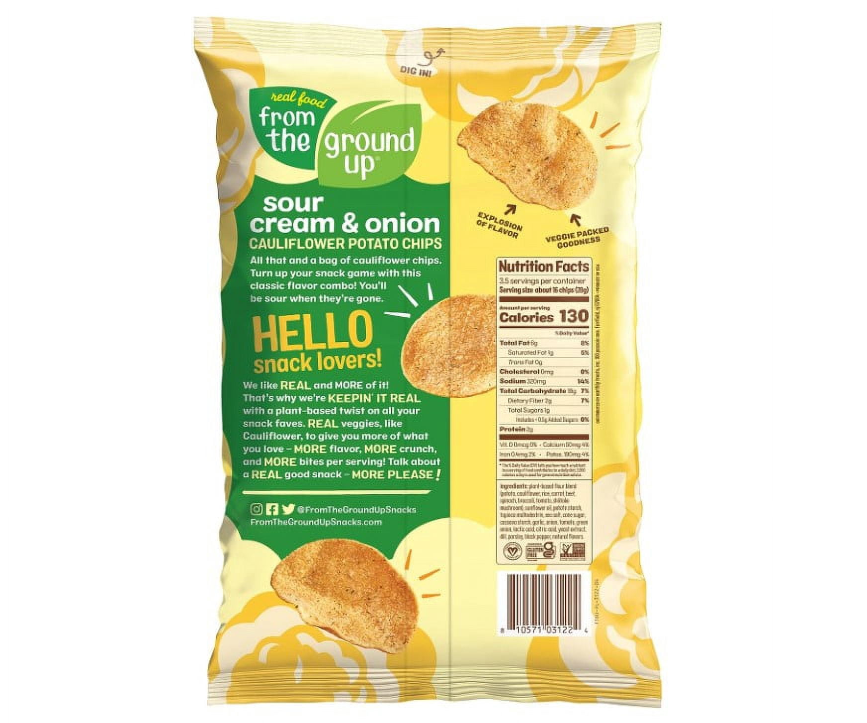 Real Food From The Ground Up Cauliflower Chips, 3.5 Ounces - 6 Pack Snack Bags (Sour Cream & Onion)