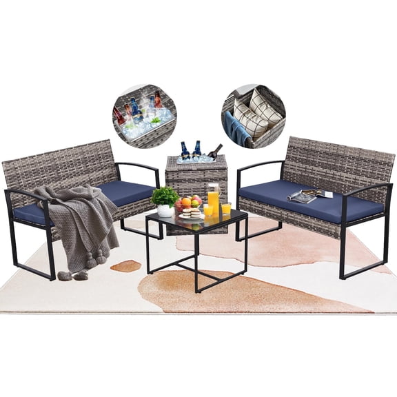 4 Piece Outdoor Patio Furniture Set,Wicker Conversation Sets Patio Sofa Couch with Built-in Beverage Cooler Storage Box & Coffee Table for Outside, Garden, Balcony, Porch