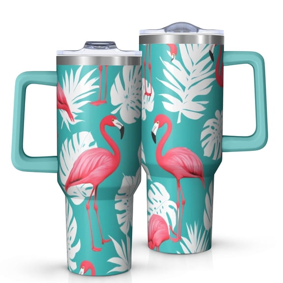 OBREWU Flamingo and Palm Leaves Tropical Hawaii Tumbler with Handle and Lid,Flamingo and Palm Leaves Tropical Hawaii 40oz Double Wall Vacuum Insulated Tumbler,Cups Gift for Women and Men