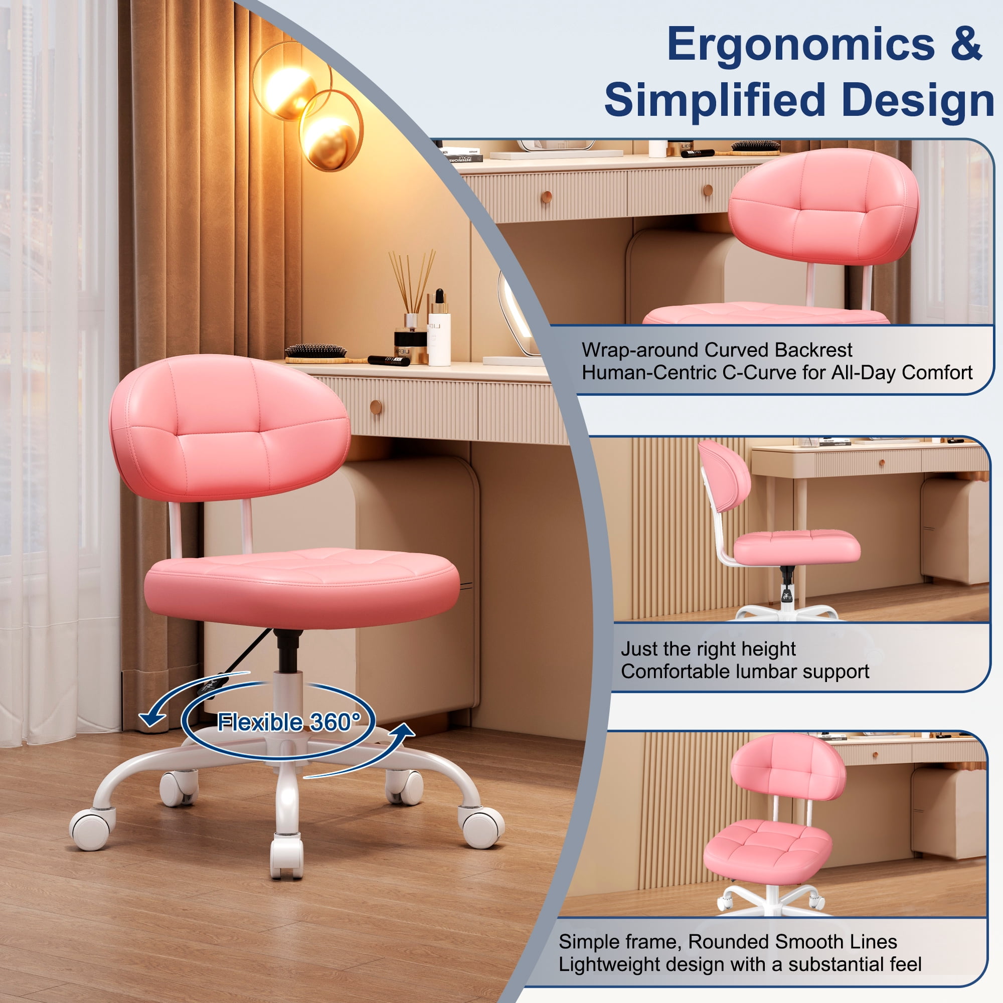 Misolant Vanity Chair with back, Small Armless Cute office Chair with wheels and Lumbar support, Comfy PU Leather Desk Computer Chairs with Adjustable Height, 360°Swivel for Home Bedroom Office