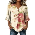 thumbnail image 2 of Ayolanni Button Down Shirts for Women Henley Floral 3/4 Sleeve V-Neck Blouse Loose Flutter Going Out Flowy Shirts Womens Spring Tops Multicolor L, 2 of 6