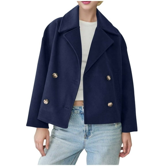 TKLPEHG Women Cropped Wool Coats Notch Lapel Double Breasted Peacoat Jacket Short Trench Overcoat (Dark Blue,L)