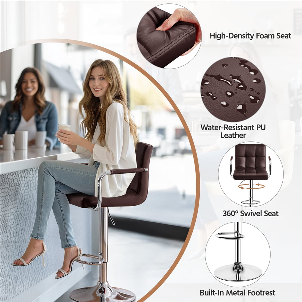 Yaheetech PU Leather Bar Stools with Armrests and Footrest, Set of 4, Brown