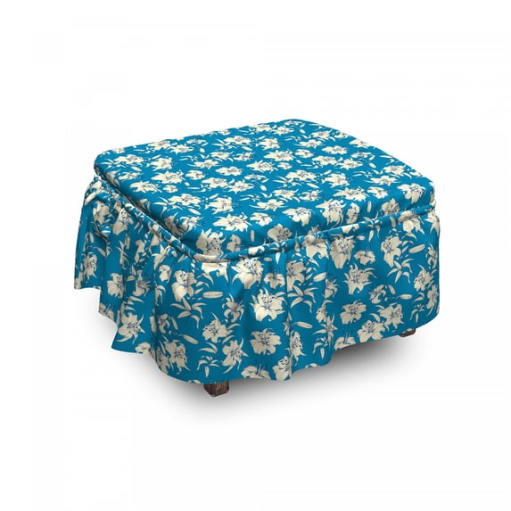 Floral Ottoman Cover, Blooming Lily Flowers Art, 2 Piece Slipcover Set with Ruffle Skirt for Square Round Cube Footstool Decorative Home Accent, Standard Size, Sea Blue Eggshell, by Ambesonne