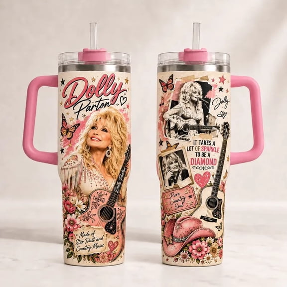 Dolly 40oz Pink Butterfly Tumbler, Floral Insulated Travel Cup with Handle & Straw, Country Music Fan Gift