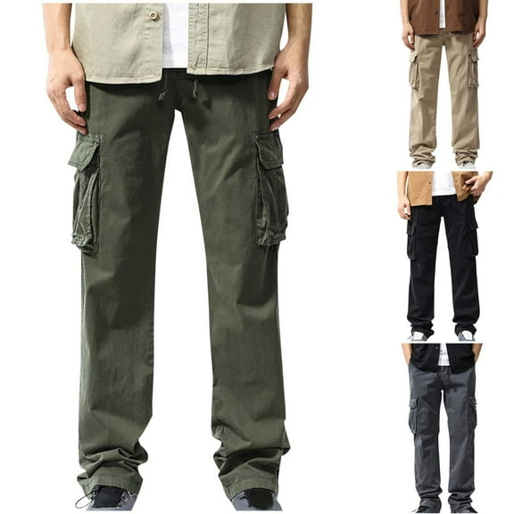 UVEASISHA Mens Cotton Cargo Pants Relaxed Fit Casual Work Pants Elastic Waist Drawstring Hiking Pants Solid Color Vintage Athletic Trousers with Multi Pockets Army Green L