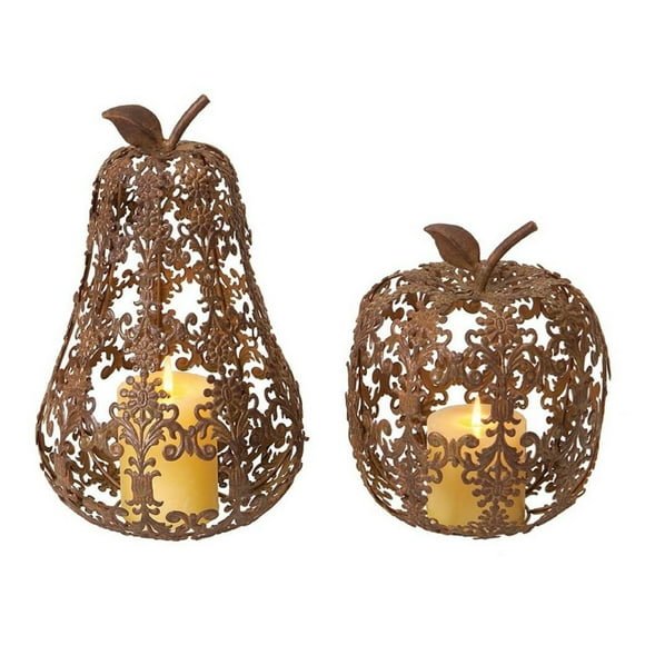 Melrose Set of 2 Bronze Apple and Pear Thanksgiving Pillar Candle Holders 13"
