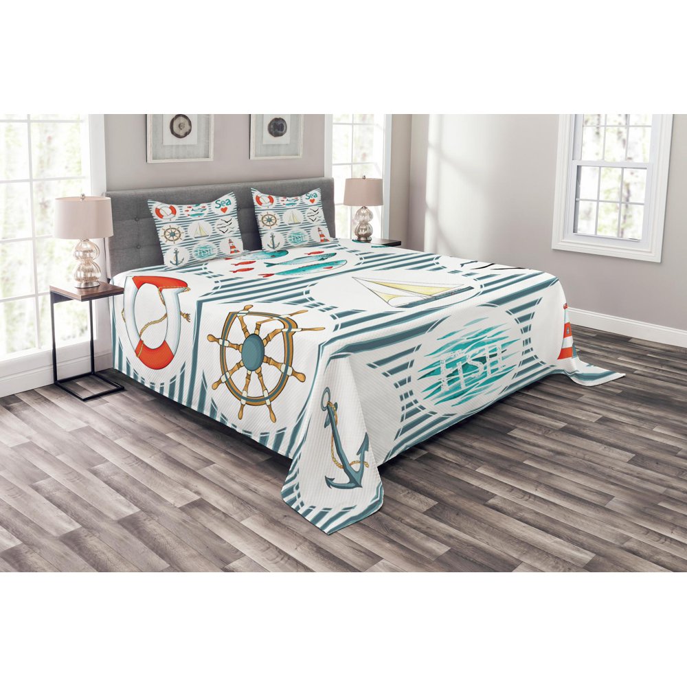 Nautical Bedspread Set King Size, Sea Set with Fishes Lifebuoy Gulls