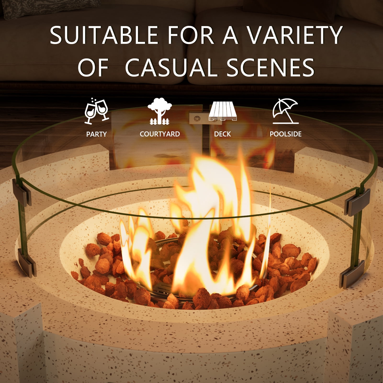 COSIEST Outdoor Propane Fire Pit Table w Terrazzo White Faux Stone 27.6-inch X 24.2-inch Round Base, 40,000 BTU Stainless Steel Burner, Wind Guard, Free Lava Rocks and Rain Cover