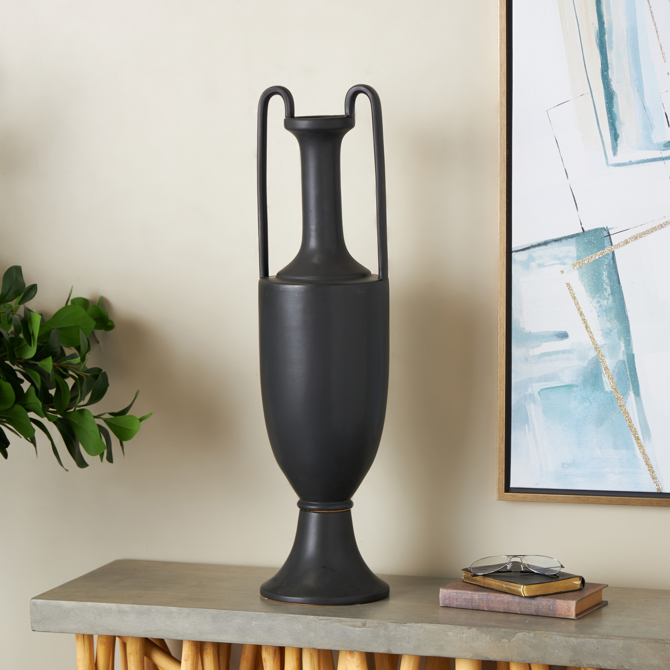 DecMode 30" Fluted Urn Shaped Black Ceramic Vase with Arch Handles
