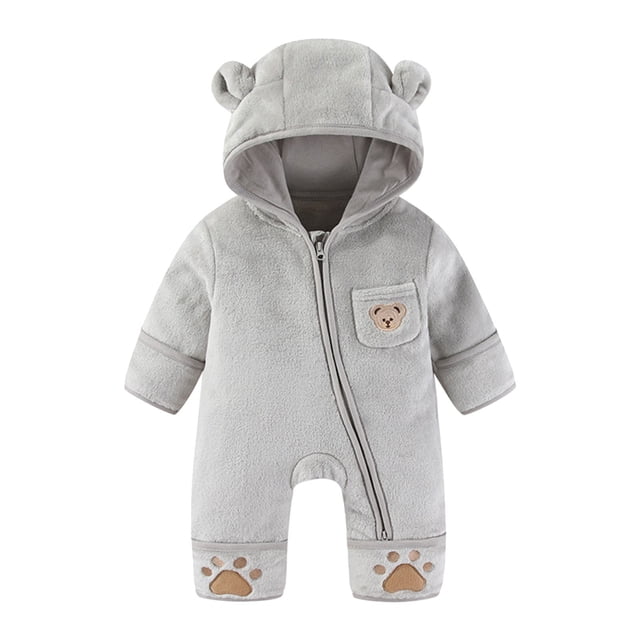 Rhoudy Mignon Cache-Couche pour Garçons à Manches Longues Col Ras du Cou Grenouillères d'Hiver pour Bébé Tenue Doublée Chaleur Combinaison Chaude Barboteuse pour Garçons Filles Tenue Thermique Combinaison de Base Gris 0-3 Mois