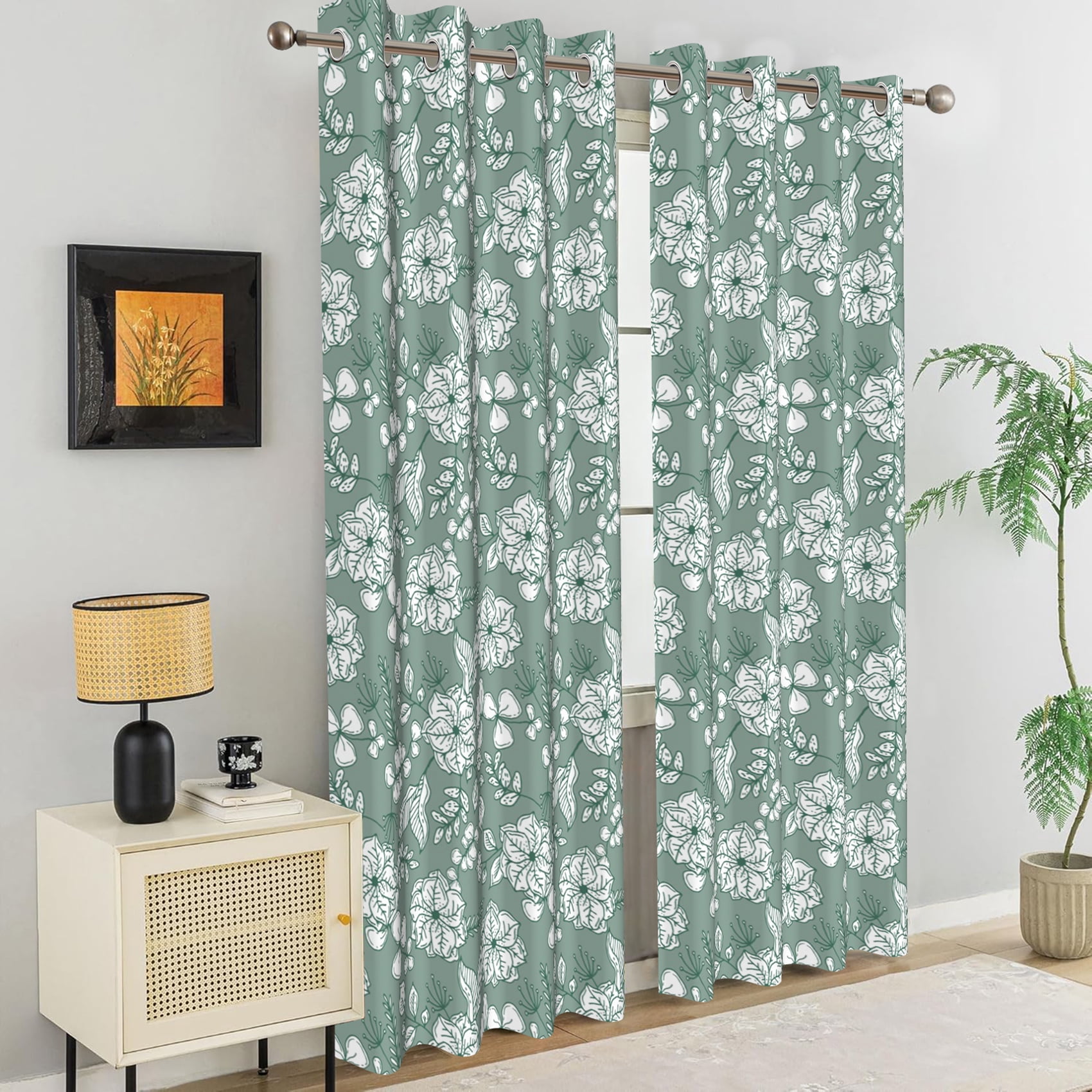 Dashan Green Floral Blackout Curtains for Living Room,Farmhouse Window Drapes for Bedroom,52x84 Inch,Set of 2
