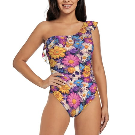 Gukieu Skull daisy flower Print One-shoulder Ruffled One-piece Swimsuit with Removable Chest Pads and Tummy-control Swimsuit for Women-XX-Large