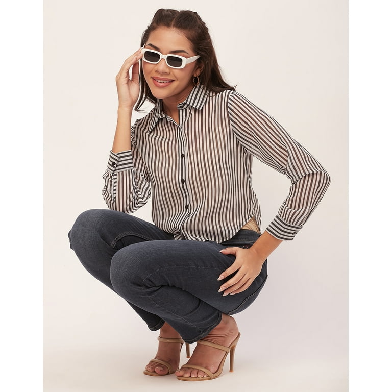 Moomaya Printed Button Down Collared Sheer Shirts Long Sleeve High Low Hem Top Women s Size XS Black
