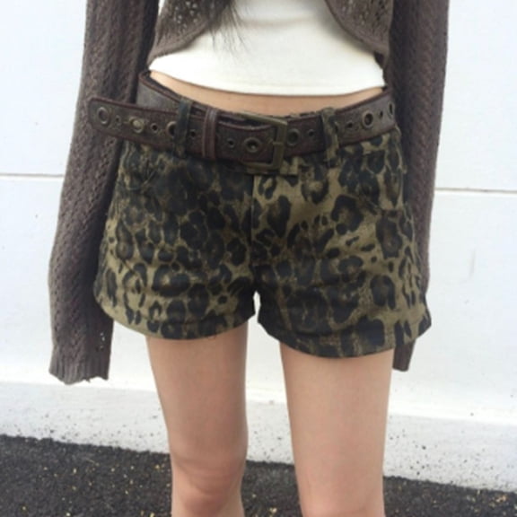 Trendfront Womens Low Rise Leopard Print Denim Style Hotpants Y2K Fashion Clubwear Shorts Night Out Party Shorts