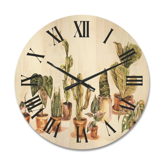 Designart 'Indoor House Plants Urban Jungle in Flowerpots I' Traditional Wood Wall Clock