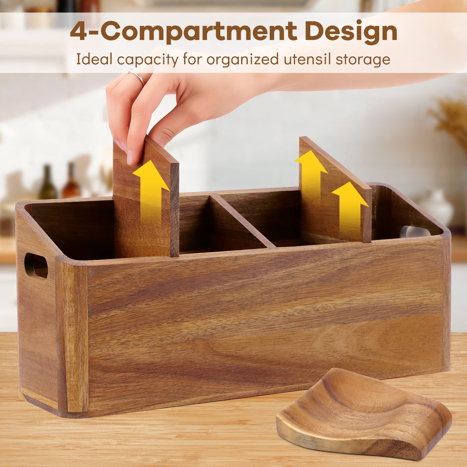 WETRBWEH Wooden Kitchen Utensil Holder with Spoon Rest, Extra Large Acacia Wood Utensil Organizer for Counter with 4 Compartments, Rustic Container