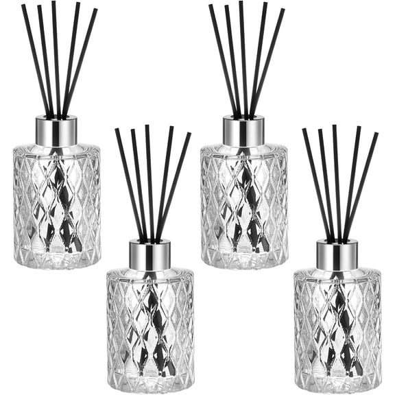 4 Set Empty Reed Diffuser Bottle Set with Stick 150ml/5oz Clear Diffuser Glass Jars with Black Rattan Reed & Cap for DIY Essential Oil Fragrance Fragrance Bulk (Silver)
