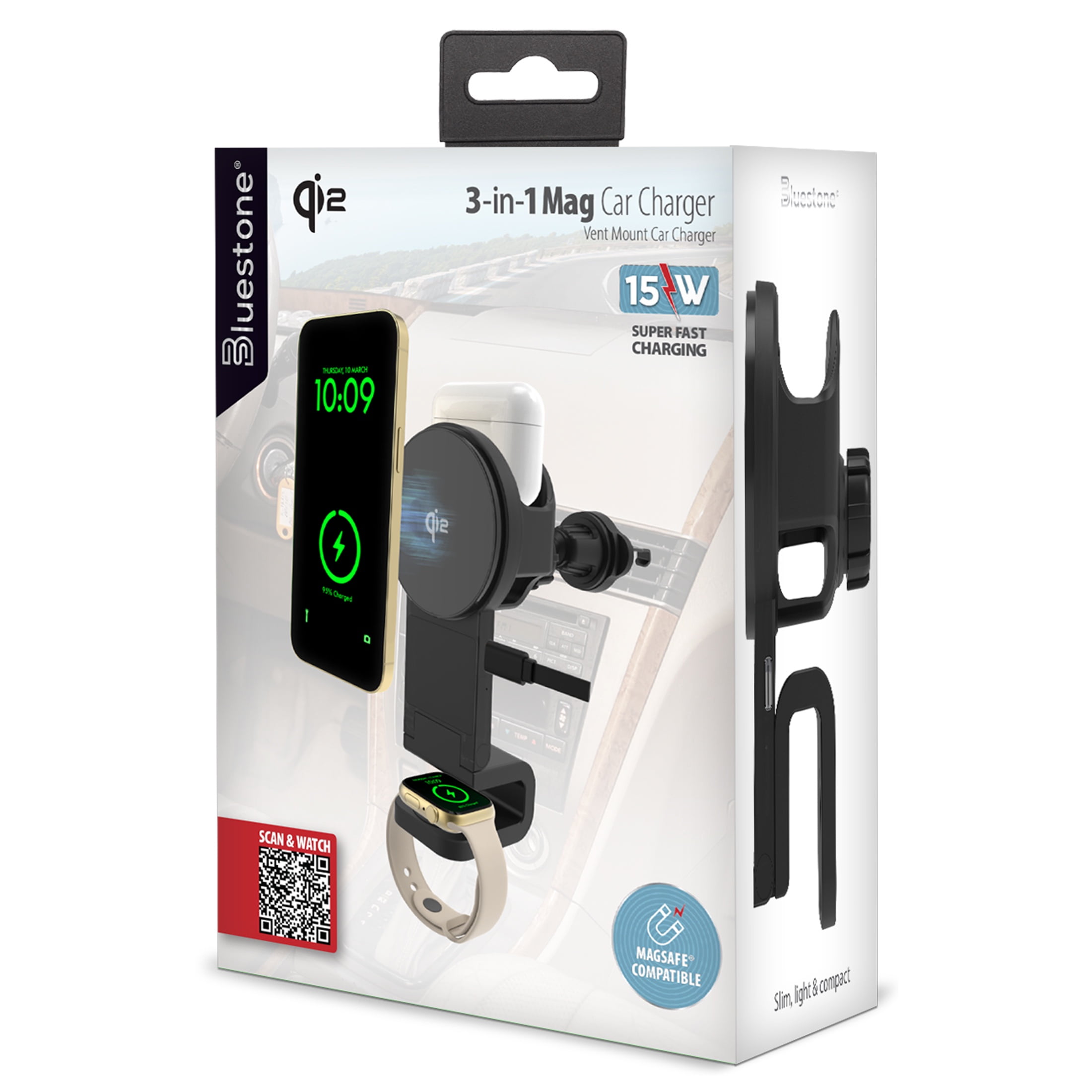 3-in-1 Magcharge Car Mount With Wireless Charging for Phone, Airpods and iWatch