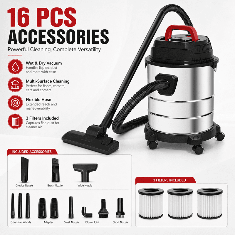 6.5 Gallon 1.6 HP Wet/Dry Vacuum, Stainless Steel Tank, Portable Shop Vacuum with Wheels, Includes 3Filters, Hose & Accessories, Ideal for Garage and Workshop