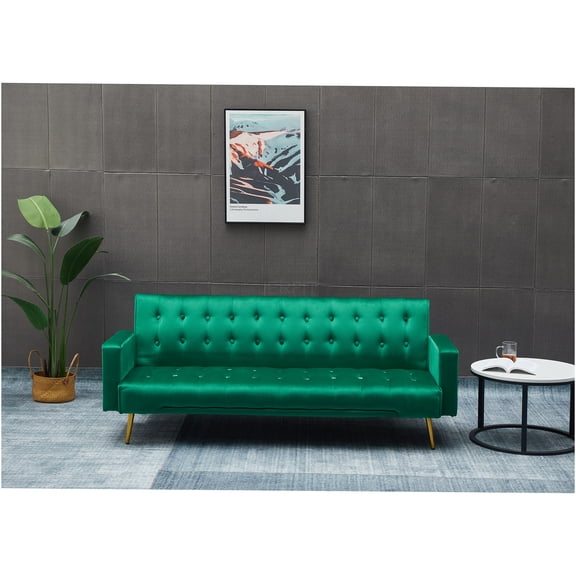 JERFIT 3-Seater Velvet Convertible Sofa Bed with Gold Metal Legs, Green Sleeper Couch for Small Spaces