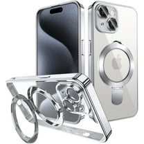 Magnetic Case for iPhone 15 Case Magsafe with Invisible Kickstand Plating 10FT Shockproof Soft Rubber Clear Protective Phone Case (Silver)