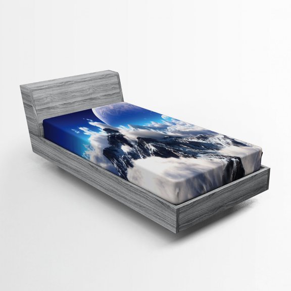 Ambesonne Fantasy Fitted Sheet, Snow Capped Mountain, Twin XL Size, White and Navy Blue