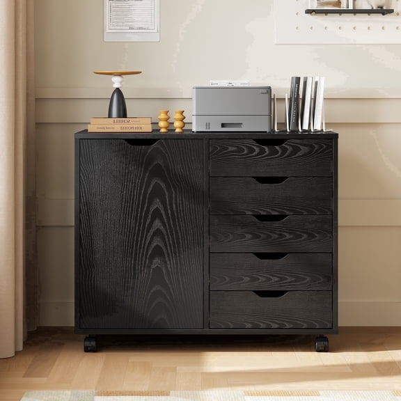 GALAXHERO 5-Drawer Storage Cabinet, Mobile Printer Stand Filing Cabinet for Home Office Cabinet, Wood File Cabinet, Black Wood Grain