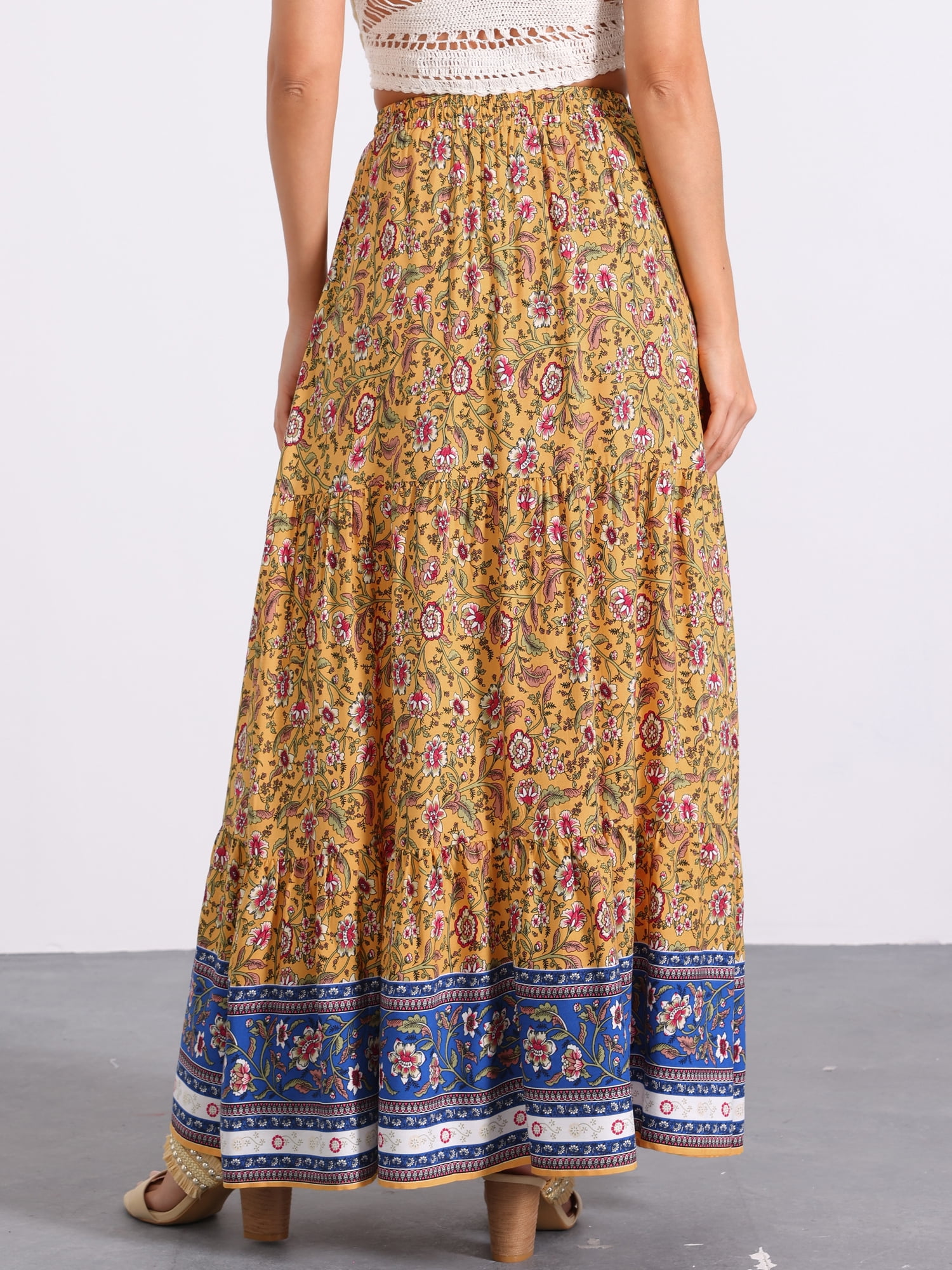 DARING DIVA Women's Boho Flare Floral Skirt XL Yellow