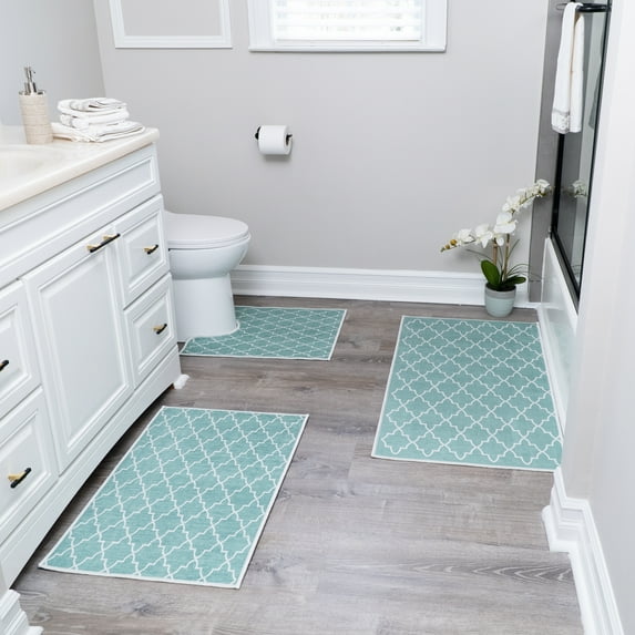 SussexHome Geometric Design 3 Piece Bathroom Rugs Set - Non-Slip Ultra Thin Bath Rugs for Bathroom Floor - Washable Cotton Bathroom Mats Set