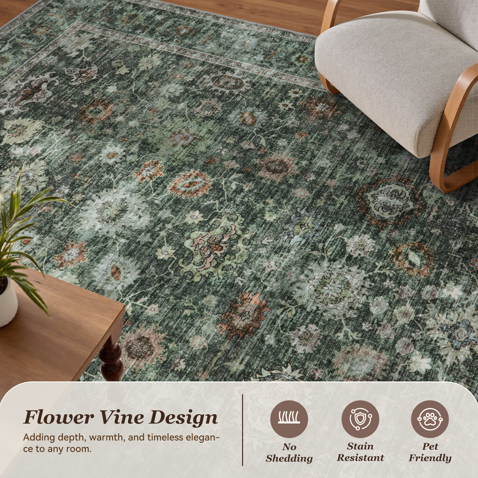 SIXHOME 9'x12' Area Rugs for Living Room Rugs for Bedroom Vintage Soft Floral Area Rug Washable Botanical Printed Carpet Non Slip Oriental Rug for Dining Room and Farmhouse Home Decor Green