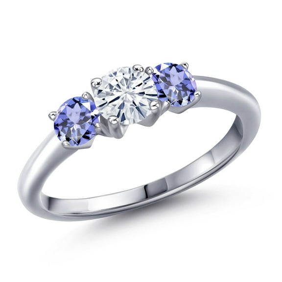 Gem Stone King 925 Sterling Silver White Moissanite and Blue Tanzanite Engagement Ring for Women | 1.10 Cttw | Round 5MM | Gemstone Birthstone | Size 8