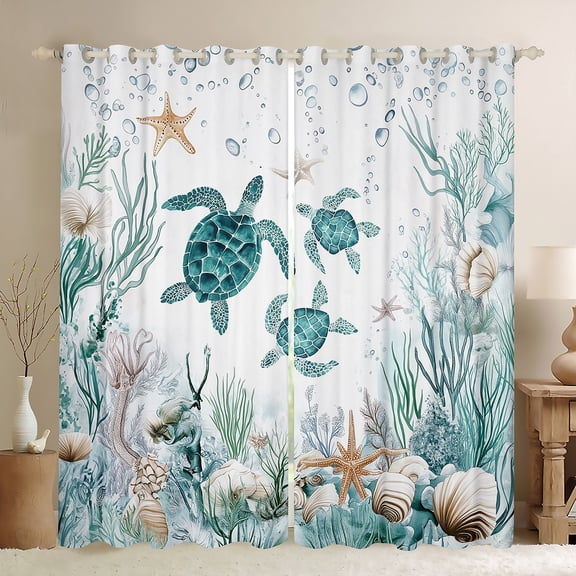 Feelyou Kawaii Sea Turtle Black Out Curtains, Dreamy Marine Animal Curtains Pack of 2 (42x63 Each), Seashell Starfish Coral Bedroom Curtains, Curtains and Drapes Room Decor