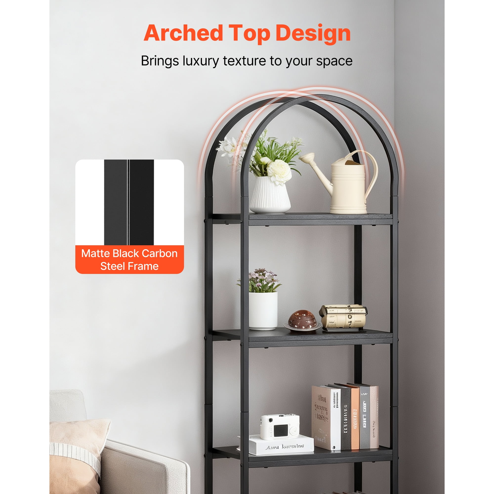 KFFKFF 4-Tier Open Bookshelf with Arched Design, Metal Frame Storage Shelves, Freestanding Industrial Display Rack for Office, Bedroom, or Living Room, Black