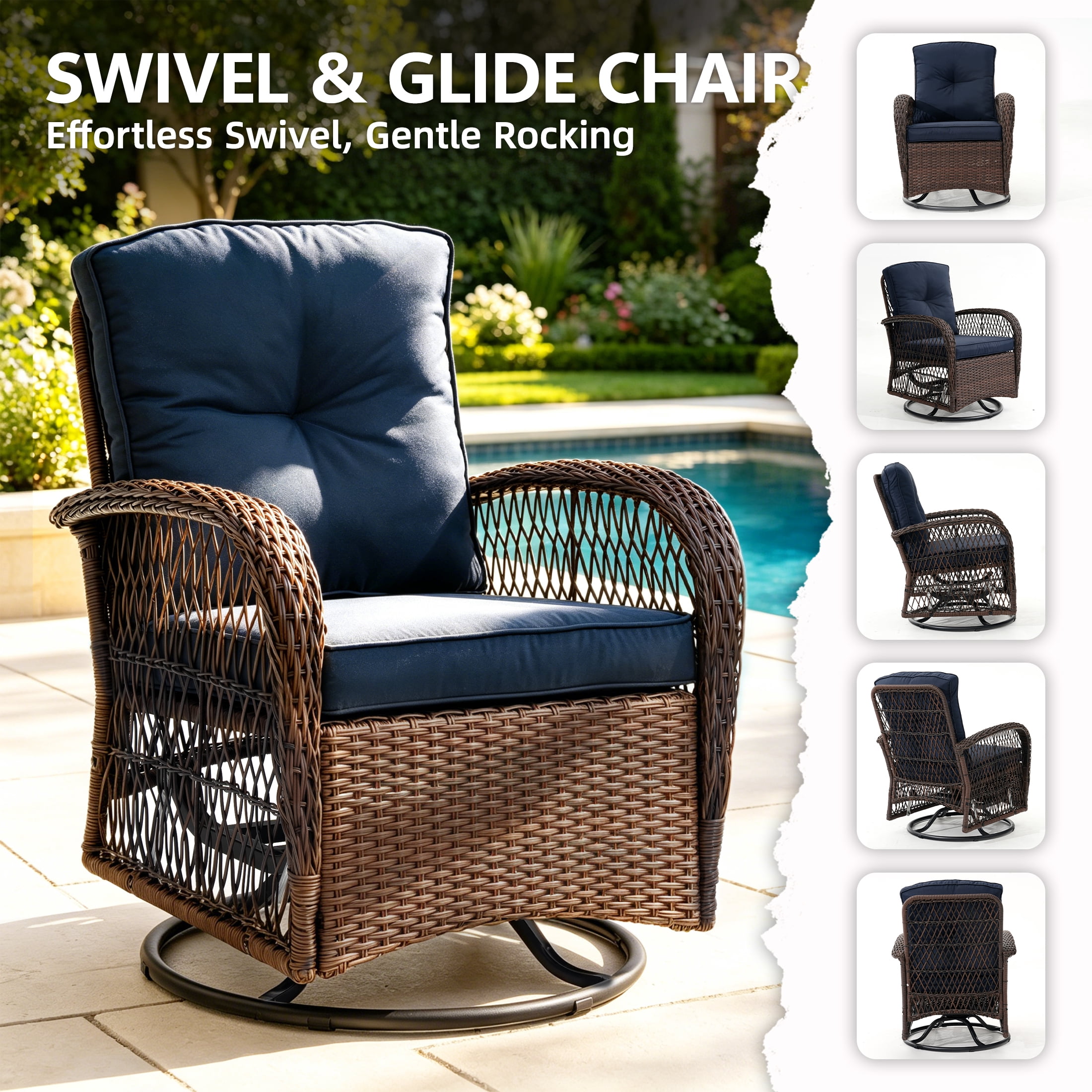 3 Pieces Patio Furniture Set, Outdoor Chair Set of 2 with Coffee Table, Porch Poolside PE Rattan Wicker Bistro Bar Set Cushioned, Heavy-duty Steel Frame Rattan 360°Swivel  Conversation Set