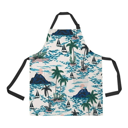 

ABPHQTO Hawaii Mountain Sunset Palm Trees Boats Apron Home Kitchen Apron with Pockets