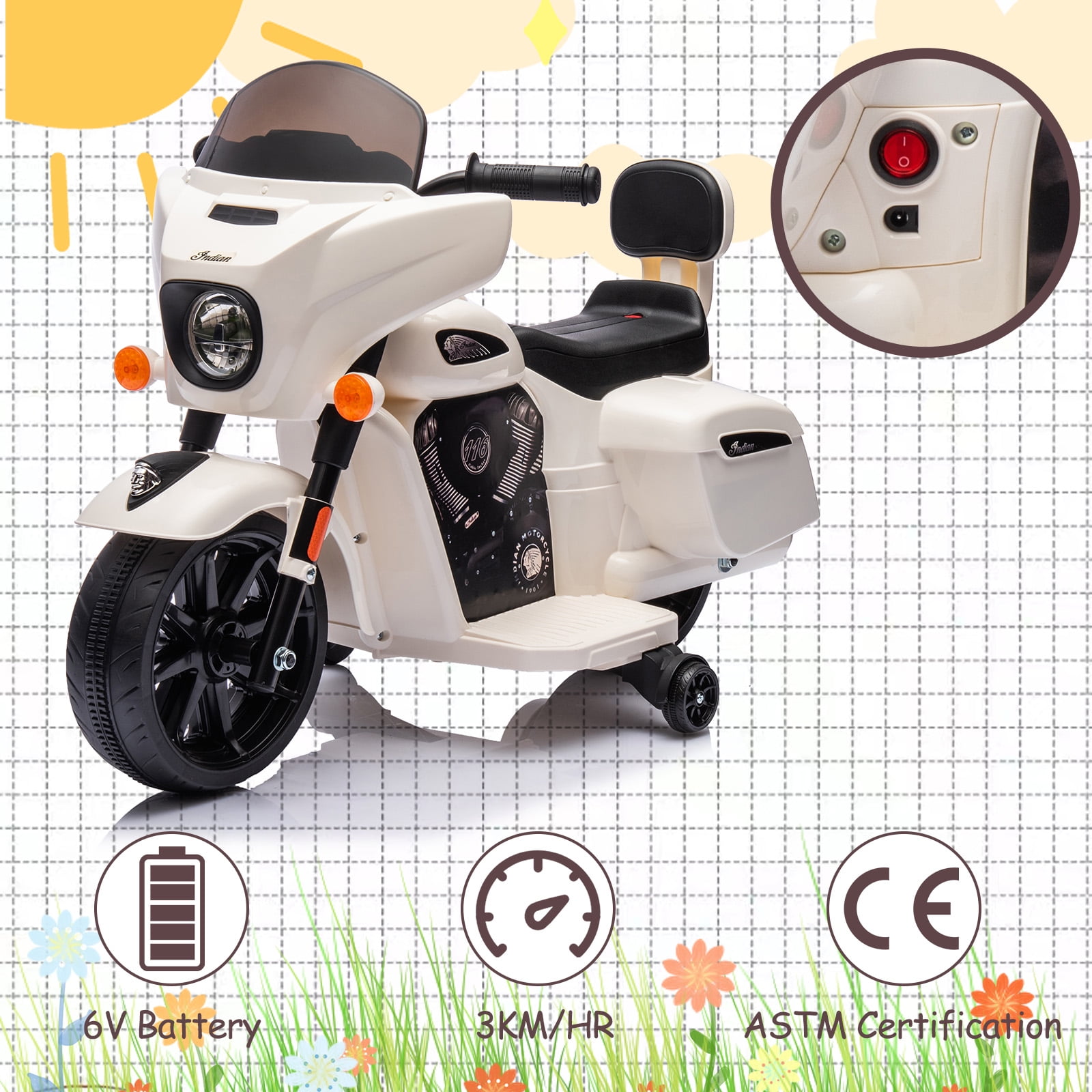 Eastvita 6V Kids Ride-On Dirt Bike Motorcycle, Music, Headlight, For Toddlers 1-4, Off-White