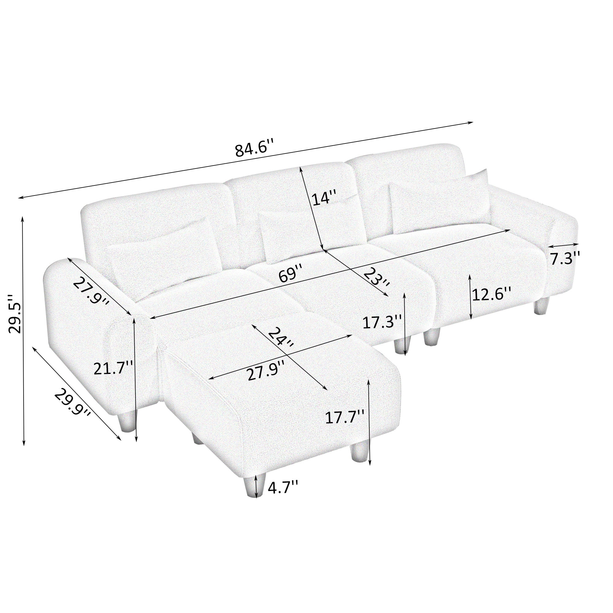 Aukfa 85" Reversible Sectional Sofa, Deep Seat Couch with Chaise for Living Room, 3 Pillows, Pink
