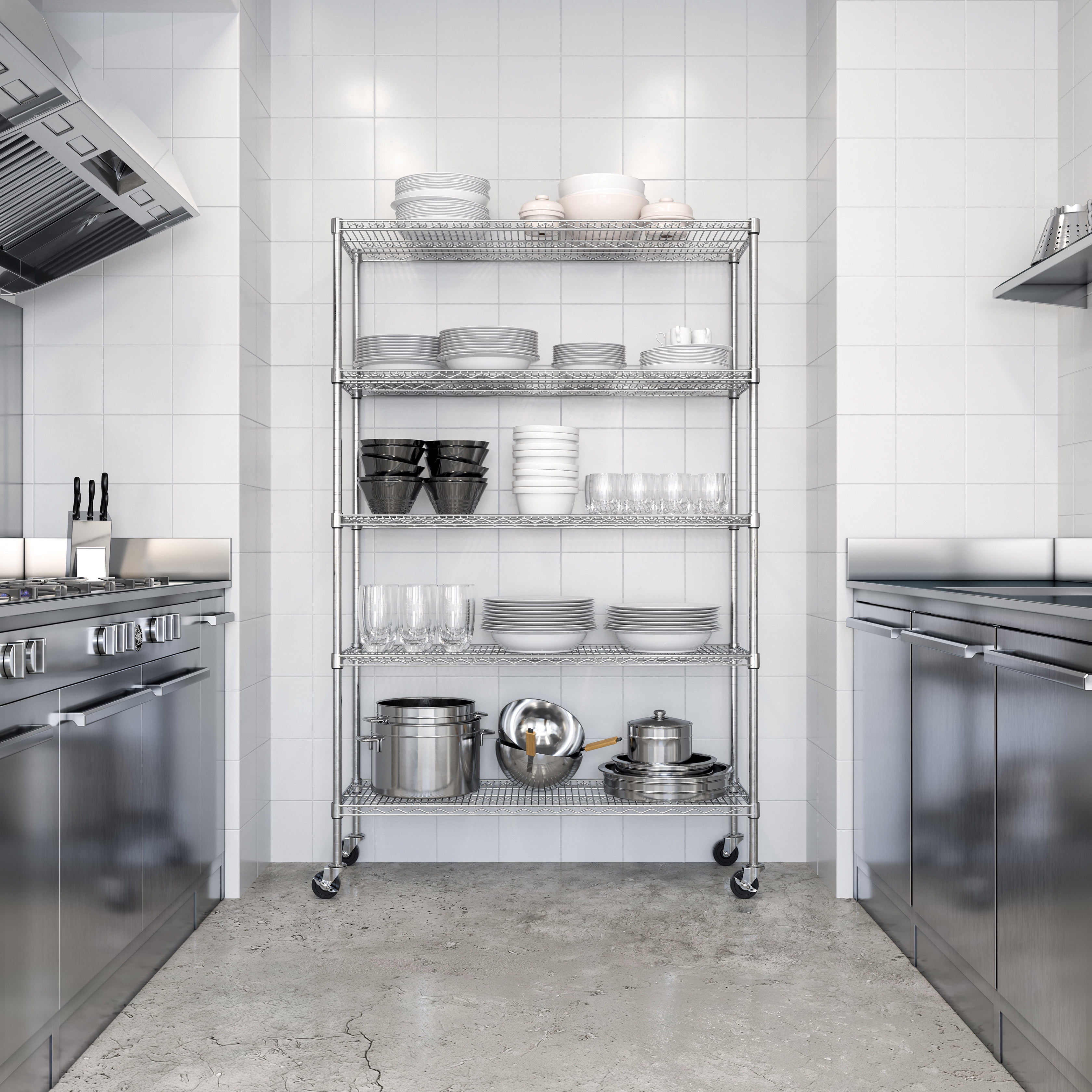 Seville Classics UltraDurable Commercial-Grade 5-Tier NSF-Certified Steel Wire Shelving with Wheels, 48" x 18", Chrome
