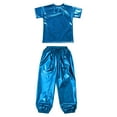thumbnail image 3 of Sholeno Modern Jazz Hip Hop Dance Outfit for Kids Boys Girls Shiny Metallic Short Sleeve T-Shirts with Pants Set Light Blue 7-8, 3 of 7