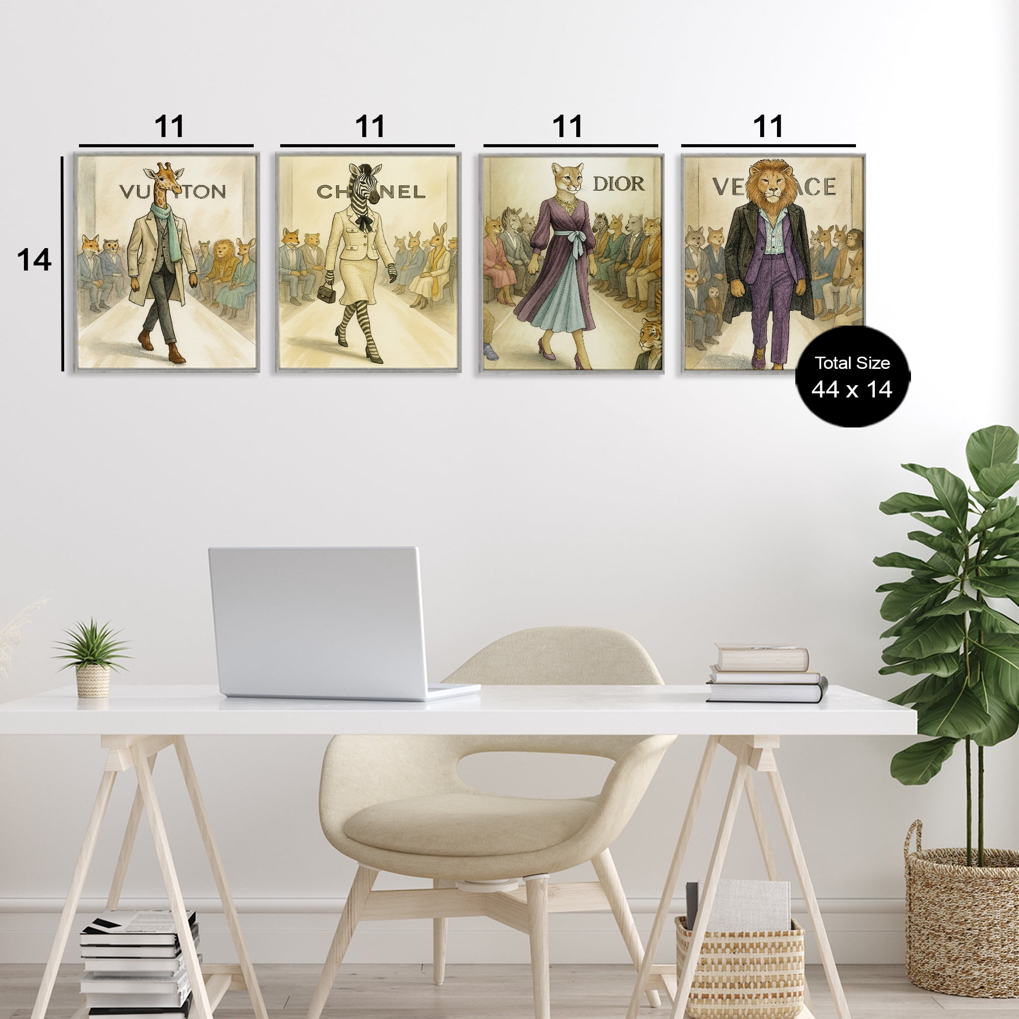 Stupell Industries Fashion Runway Animals 4 Piece Gray Framed Giclee Art Set, design by Grotto Studios