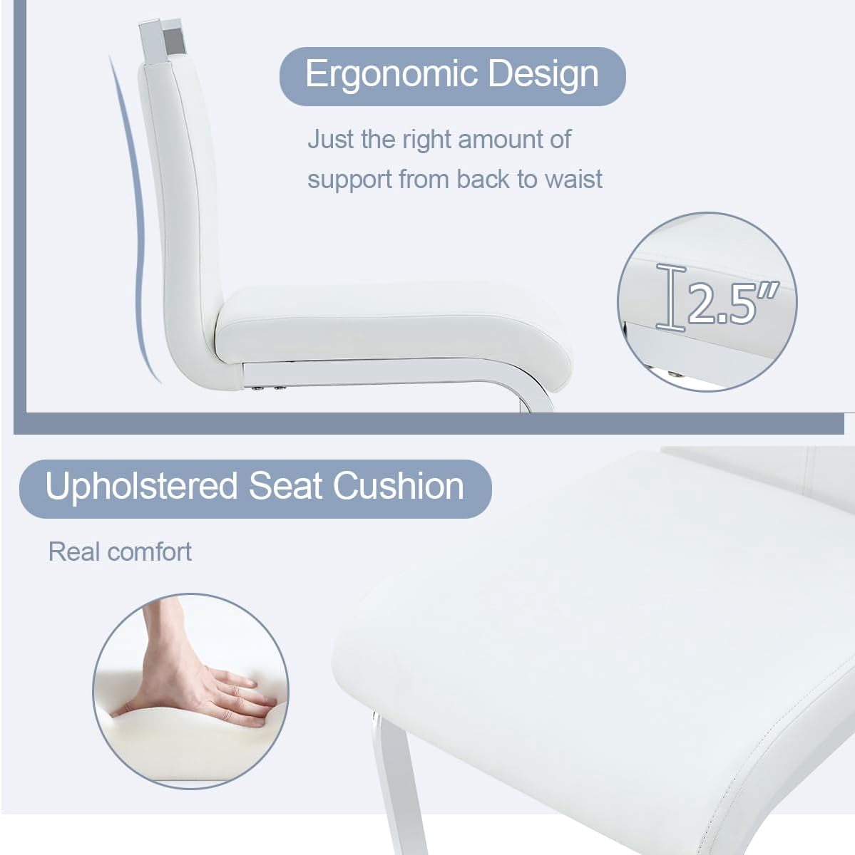 Lecut 30" Counter Height Bar Stools Set of 4, Modern Upholstered PU Leather Bar Stools with Back and Silver Chrome Plated Metal Frame, Armless Bar Chairs for Kitchen Island (White+Silver)
