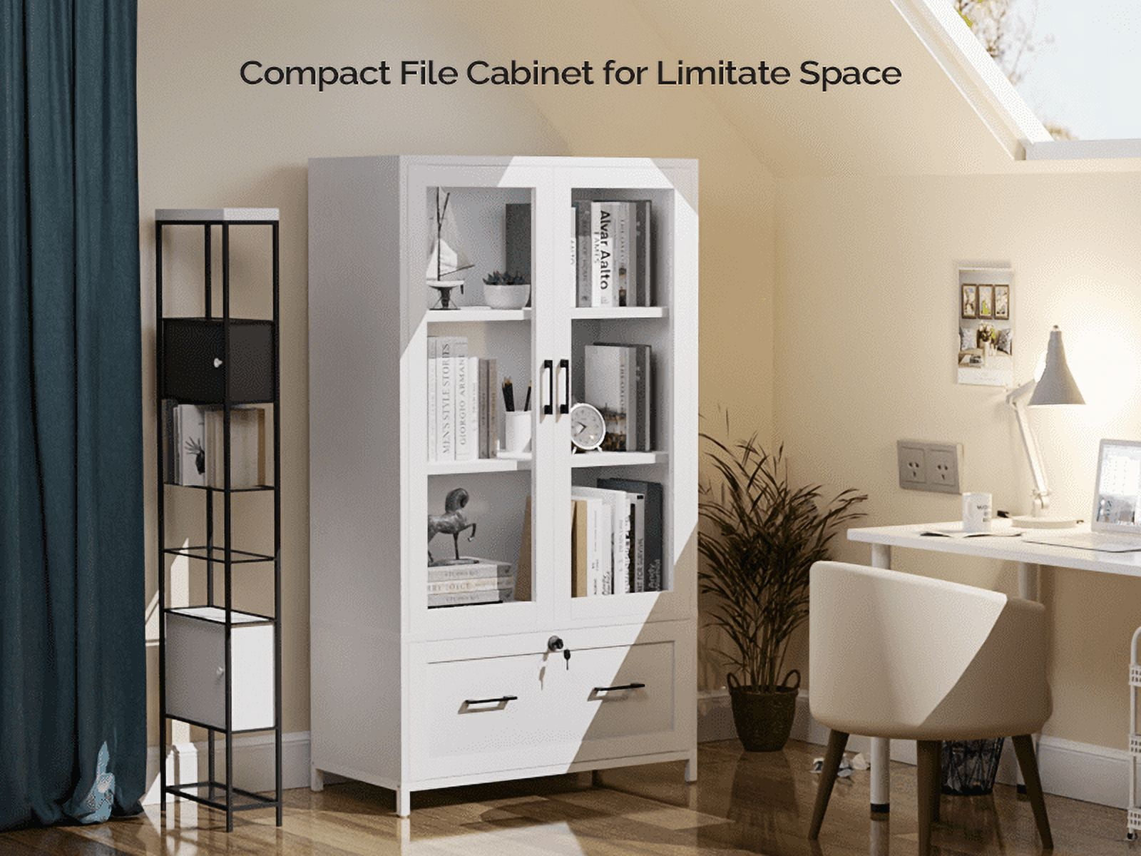 Ktaxon Lockable 4 Tier File Cabinet Bookcase with Letter+Legal Size Drawer&Adjustable Shelves, Wood Bookshelf Storage with Glass Door, White