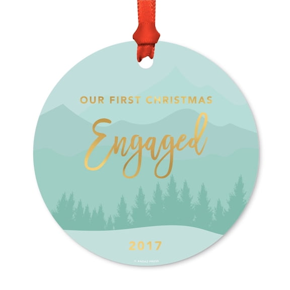 Metal Christmas Ornament, Our First Christmas Engaged 2017, Winter Wonderland Forest, Includes Ribbon and Gift Bag