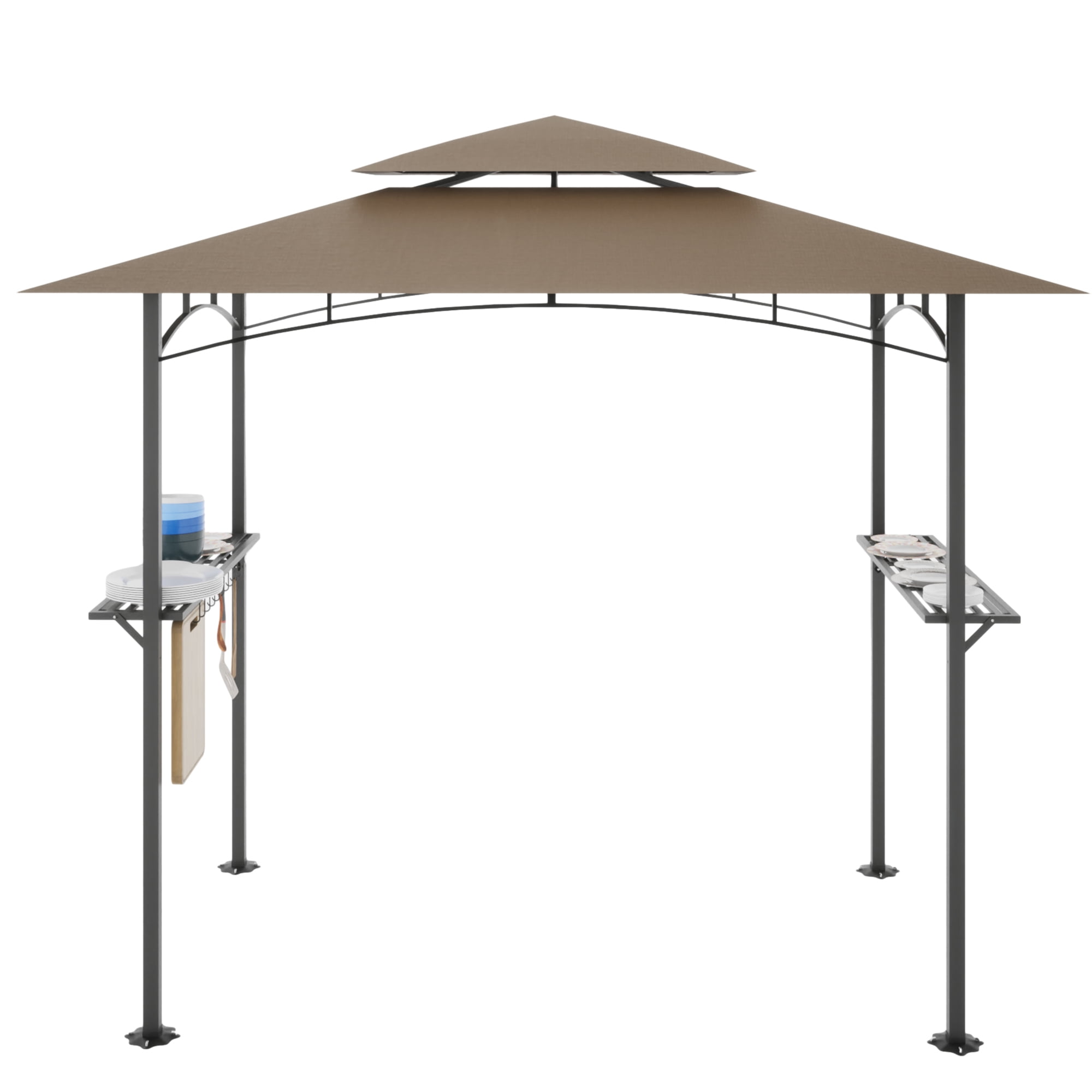 Aukfa 8 x 5 FT Grill Gazebo Grill Canopy Double Tiered BBQ Gazebo Outdoor, Khaki
