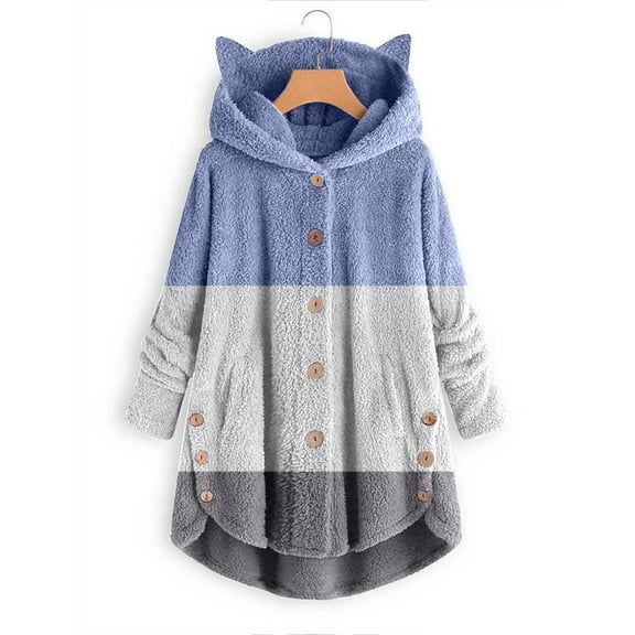 jsaierl Cat Ear Hoodies for Women Fleece Plush Color Block Sweatshirt Long Sleeve Button Down Warm Pullover Outwear