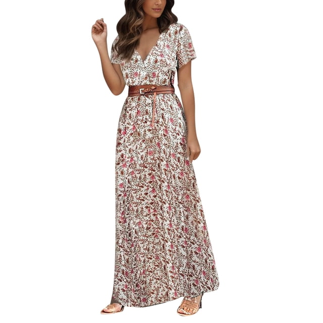 Kcodviy Women Daily Slim Dress Petite Summer Dresses for Women Petite Length Long Dress Sleeveless Cold Wrap Dresses for Women Casual Summer Shoulder Solid&Print Split Hem Drawstring Casual Dress