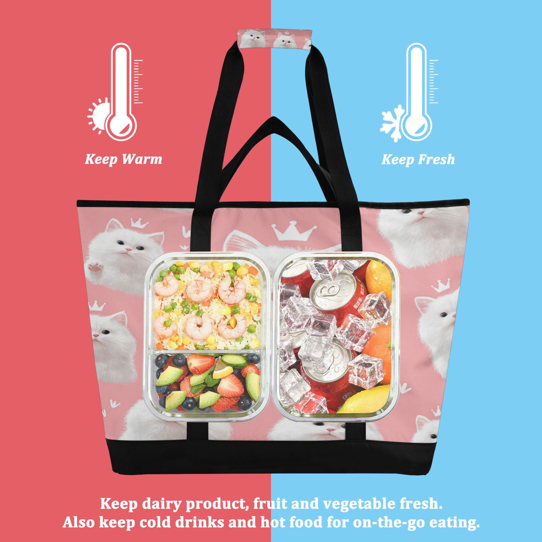 Extra-Large Wide Opening Design Capacity Hand-Held Ice Pack Thickened Insulation Layer For Long-Lasting Cold Retention For Outdoor Shopping Picnics And Camping Happy White Cat Face