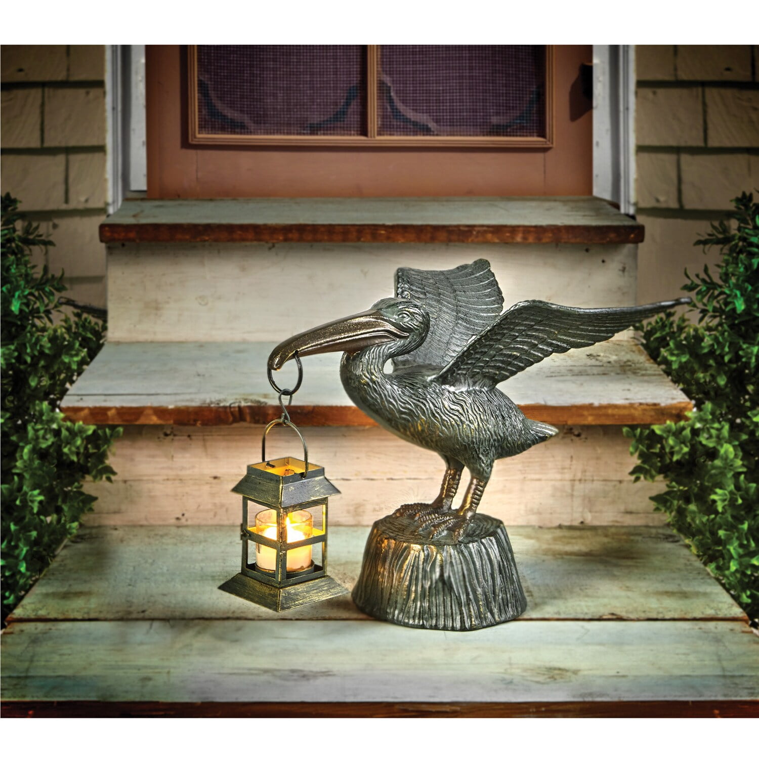 Pelican Antique Verdigris Green Metal Garden Sculpture with Lantern