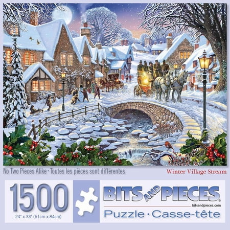 Bits and Pieces - 1500 Piece Jigsaw Puzzle for Adults 24" x 33" - Winter Village Stream - 1500 pc Holiday Seasonal Snowy Town Square Cobblestone Bridge Jigsaw by Artist Steve Crisp